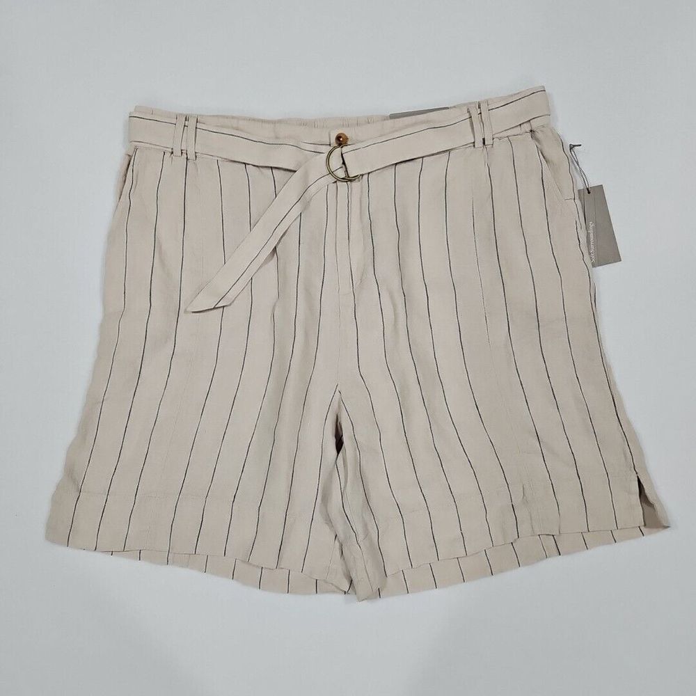 Soft Surroundings Montecito Linen Shorts Tan Khaki Size 2X 22W Stripe Belted